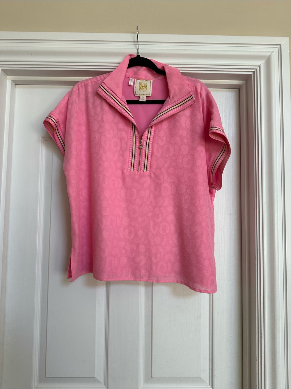 Bright Pink Short-Sleeve Zip Polo Blouse